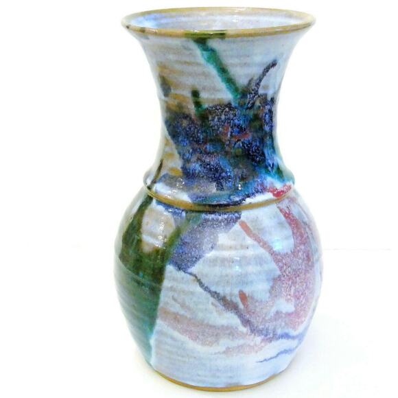 Artisan POTTERY VASE Teal Purple Pink Blue White Decorative Signed AL Studio Art - Picture 3 of 6